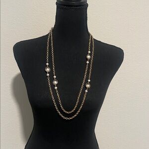 Vintage Coro Long Gold Chain Necklace with Faux Pearls